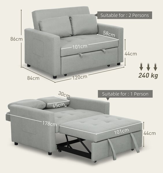 HOMCOM Velvet-Feel Two-Seater Sofa Bed - Light Grey