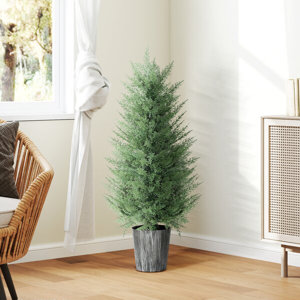 HOMCOM 90cm Artificial Cypress Trees Set of 2, UV Resistant Artificial Plants with Decorative Pot, Fake Plants for Indoor Outdoor Decor, Green