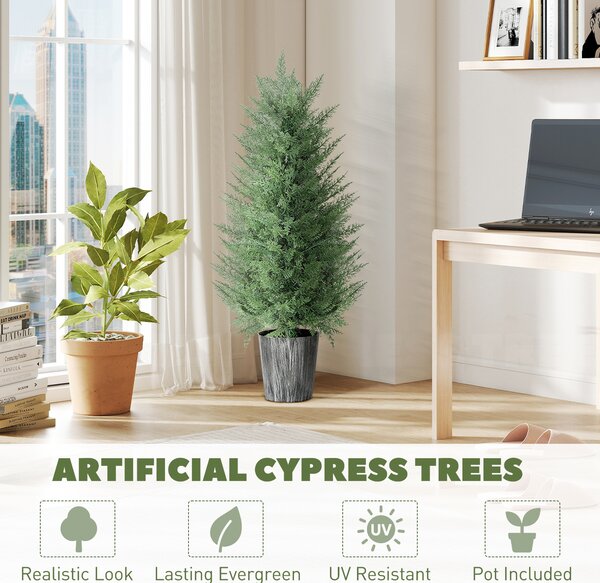 HOMCOM 90cm Artificial Cypress Trees Set of 2, UV Resistant Artificial Plants with Decorative Pot, Fake Plants for Indoor Outdoor Decor, Green