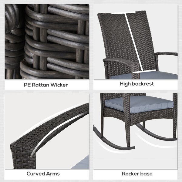 Outsunny Rattan Rocking Chair with Armrest and Cushion, Outdoor Rocking Chair with PE wicker and Safety Foot Stopper, Grey Aosom UK