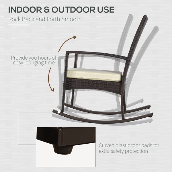 Outsunny Rattan Rocking Chair Rocker Garden Furniture Seater Patio Bistro Relaxer Outdoor Wicker Weave with Cushion - Brown