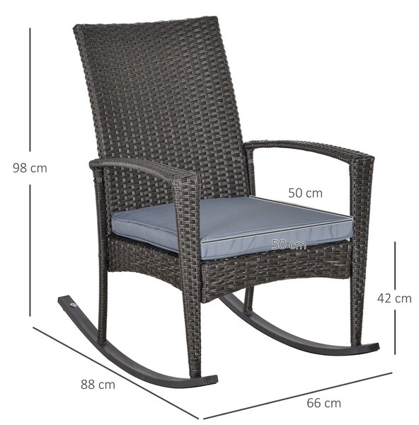 Outsunny Rattan Rocking Chair with Armrest and Cushion, Outdoor Rocking Chair with PE wicker and Safety Foot Stopper, Grey Aosom UK