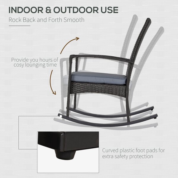 Outsunny Rattan Rocking Chair with Armrest and Cushion, Outdoor Rocking Chair with PE wicker and Safety Foot Stopper, Grey Aosom UK