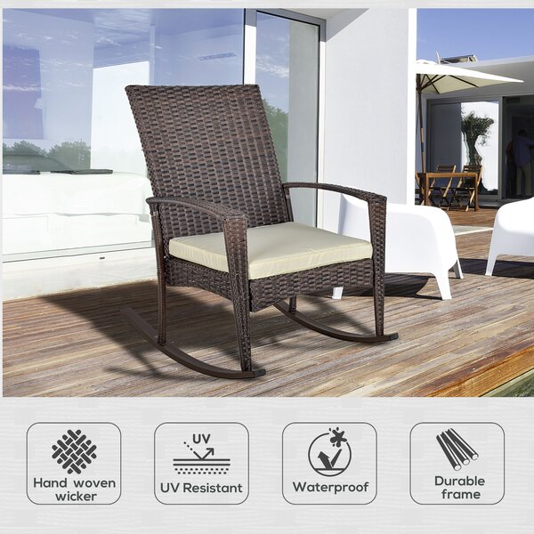 Outsunny Rattan Rocking Chair Rocker Garden Furniture Seater Patio Bistro Relaxer Outdoor Wicker Weave with Cushion - Brown