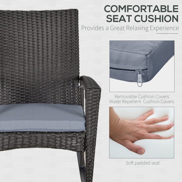 Outsunny Rattan Rocking Chair with Armrest and Cushion, Outdoor Rocking Chair with PE wicker and Safety Foot Stopper, Grey Aosom UK