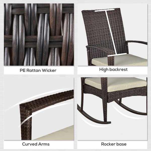 Outsunny Rattan Rocking Chair Rocker Garden Furniture Seater Patio Bistro Relaxer Outdoor Wicker Weave with Cushion - Brown
