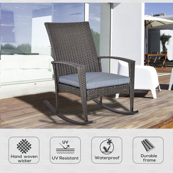 Outsunny Rattan Rocking Chair with Armrest and Cushion, Outdoor Rocking Chair with PE wicker and Safety Foot Stopper, Grey Aosom UK