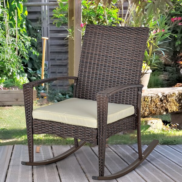 Outsunny Rattan Rocking Chair Rocker Garden Furniture Seater Patio Bistro Relaxer Outdoor Wicker Weave with Cushion - Brown