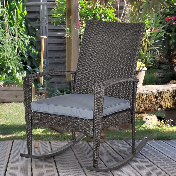 Outsunny Rattan Rocking Chair with Armrest and Cushion, Outdoor Rocking Chair with PE wicker and Safety Foot Stopper, Grey Aosom UK