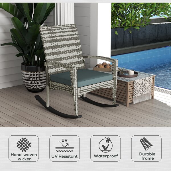 Outsunny Rattan Rocking Chair for Relaxing Indoor & Outdoor, Removable Flame Retardant Cover, Light Grey Aosom UK