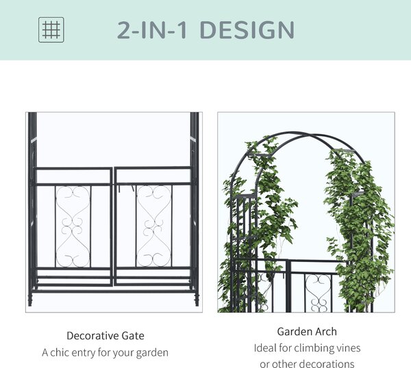 Outsunny Outdoor Garden Arch with Double Gates, Metal Garden Arbor for Climbing Plants, Roses, Vines, Wedding Arch for Outdoor, 114L x 50W x 206H cm, Dark Grey