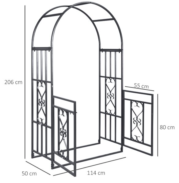 Outsunny Outdoor Garden Arch with Double Gates, Metal Garden Arbor for Climbing Plants, Roses, Vines, Wedding Arch for Outdoor, 114L x 50W x 206H cm, Dark Grey