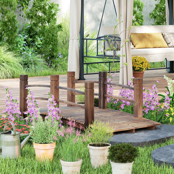 Outsunny Wooden Garden Bridge Stained Finish, Arc Outdoor Pond Walkway with Railings for Yard Decoration, 1.5M Aosom UK