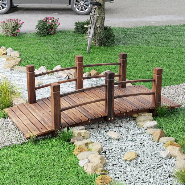 Outsunny Wooden Garden Bridge Stained Finish, Arc Outdoor Pond Walkway with Railings for Yard Decoration, 1.5M Aosom UK