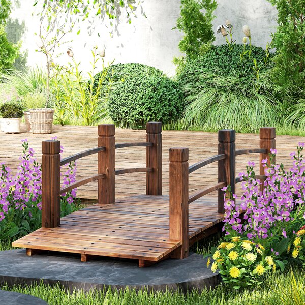 Outsunny Wooden Garden Bridge Stained Finish, Arc Outdoor Pond Walkway with Railings for Yard Decoration, 1.5M Aosom UK