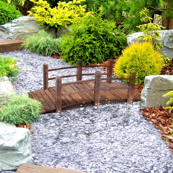 Outsunny Wooden Garden Bridge Stained Finish, Arc Outdoor Pond Walkway with Railings for Yard Decoration, 1.5M Aosom UK
