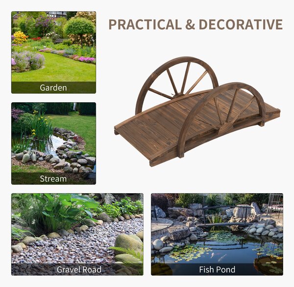 Outsunny Wooden Garden Bridge Lawn Décor Stained Finish Arc Outdoor Pond WalkwayYard Decoration Half Wheeled Railings 100L x 50W x 37Hcm Aosom UK