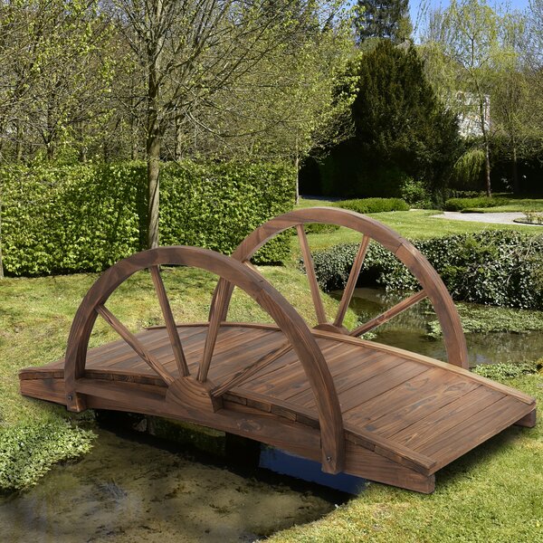 Outsunny Wooden Garden Bridge Lawn Décor Stained Finish Arc Outdoor Pond WalkwayYard Decoration Half Wheeled Railings 100L x 50W x 37Hcm Aosom UK