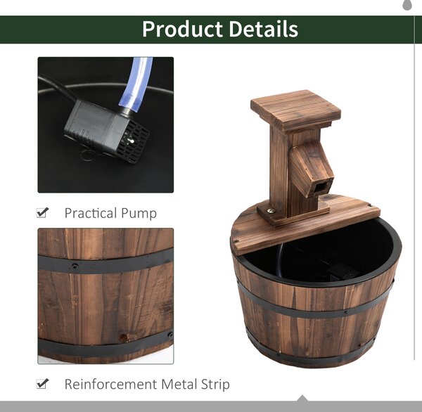 Outsunny Wood Barrel Pump Patio Water Fountain Water Feature Electric Garden