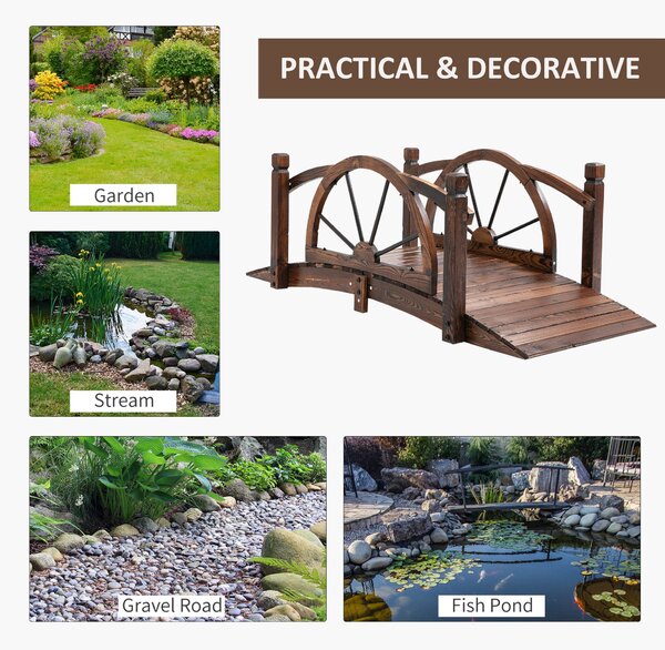 Outsunny Wooden Garden Bridge Decorative Arc Footbridge with Safety Guardrail Outdoor Lawn Pond Bridge Walkway Stained Wood Aosom UK