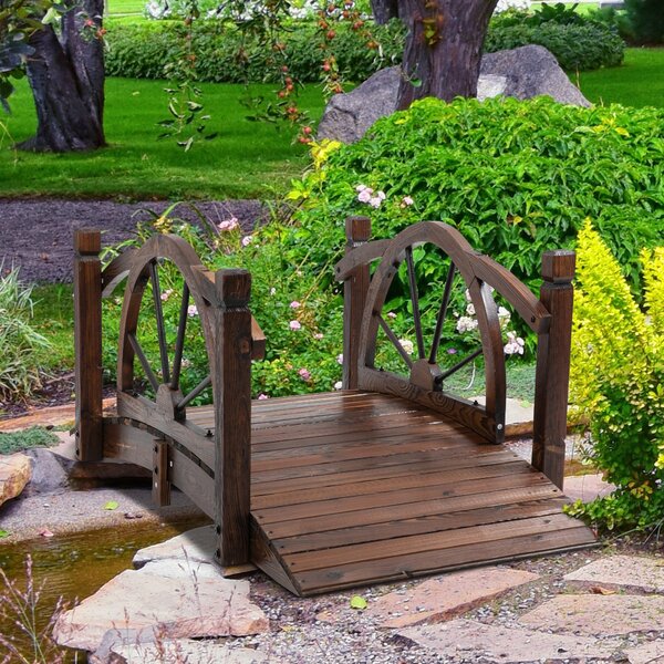 Outsunny Wooden Garden Bridge Decorative Arc Footbridge with Safety Guardrail Outdoor Lawn Pond Bridge Walkway Stained Wood Aosom UK