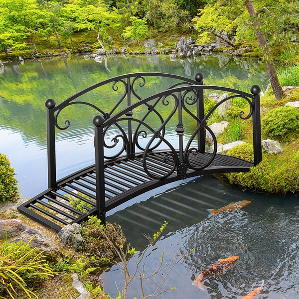Outsunny 102L x 48W x 49H Classic Metal Garden Bridge with Safety Railings Arc Footbridge Decorative Pond for Backyard Creek Stream, Black