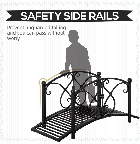 Outsunny 102L x 48W x 49H Classic Metal Garden Bridge with Safety Railings Arc Footbridge Decorative Pond for Backyard Creek Stream, Black