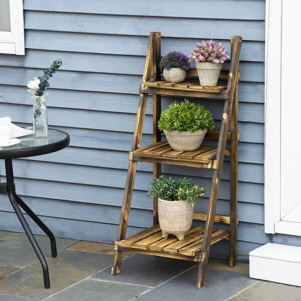 Outsunny 3 Tier Flower Stand Wood Folding Planter Ladder Display Shelf Rack for Garden Outdoor Backyard 40Lx37Wx93H(cm) Aosom UK