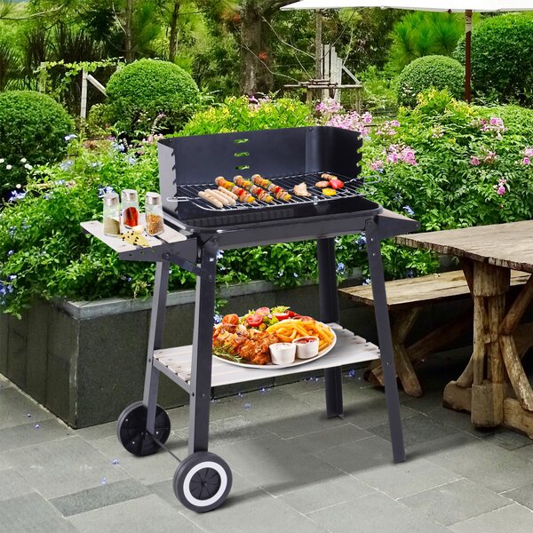 Outsunny BBQ Grill Trolley Charcoal BBQ Barbecue Grill Outdoor Patio Garden Heating Smoker with Side Trays Storage Shelf and Wheels