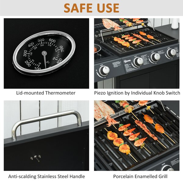 Outsunny Gas BBQ Gas Grill Barbecue 3+1 Burner Garden BBQ Trolley w/ Side Burner Warming Rack Side Shelves Piezo Ignition 110x50x100cm Aosom UK