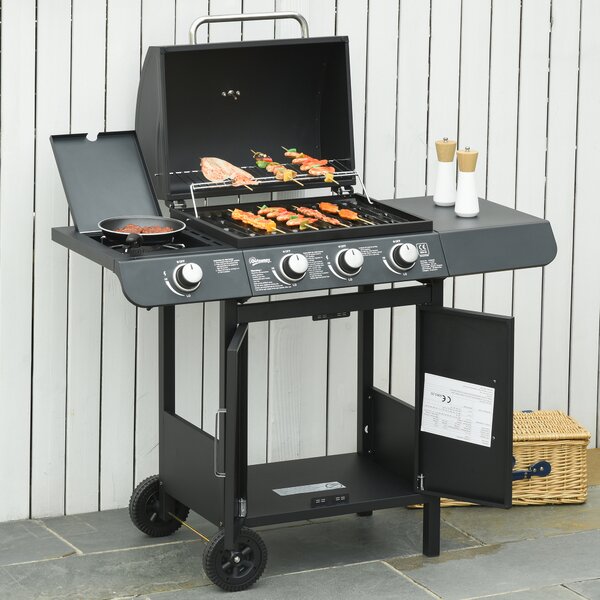 Outsunny Gas BBQ Gas Grill Barbecue 3+1 Burner Garden BBQ Trolley w/ Side Burner Warming Rack Side Shelves Piezo Ignition 110x50x100cm Aosom UK
