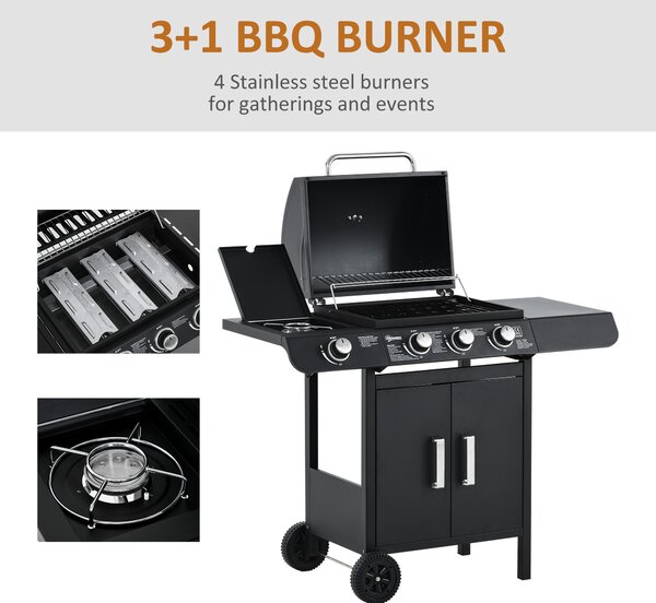 Outsunny Gas BBQ Gas Grill Barbecue 3+1 Burner Garden BBQ Trolley w/ Side Burner Warming Rack Side Shelves Piezo Ignition 110x50x100cm Aosom UK