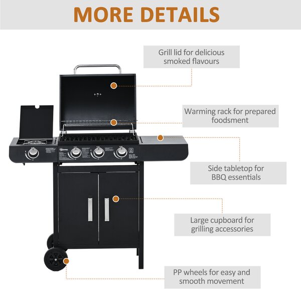 Outsunny Gas BBQ Gas Grill Barbecue 3+1 Burner Garden BBQ Trolley w/ Side Burner Warming Rack Side Shelves Piezo Ignition 110x50x100cm Aosom UK