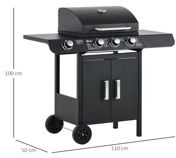 Outsunny Gas BBQ Gas Grill Barbecue 3+1 Burner Garden BBQ Trolley w/ Side Burner Warming Rack Side Shelves Piezo Ignition 110x50x100cm Aosom UK