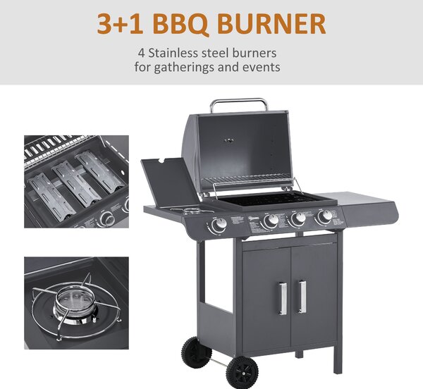 Outsunny 3+1 Burner Gas BBQ Grill, Outdoor Barbecue Trolley with Wheels, Warming Rack, Side Shelves, Cabinet, Thermometer for Garden, Party, Camping, 110L x 50W x 100Hcm, Grey