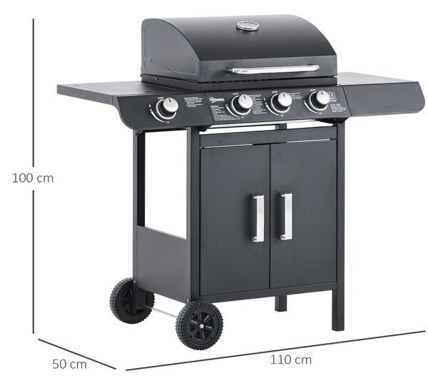 Outsunny 3+1 Burner Gas BBQ Grill, Outdoor Barbecue Trolley with Wheels, Warming Rack, Side Shelves, Cabinet, Thermometer for Garden, Party, Camping, 110L x 50W x 100Hcm, Grey