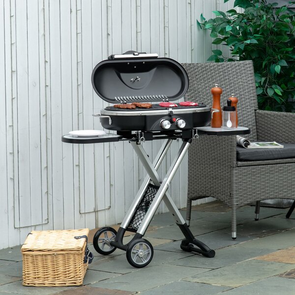 Outsunny Foldable Gas BBQ Grill 2 Burner Garden Barbecue Trolley w/ Lid Side Shelves Pocket Piezo Ignition Thermometer, Aluminium Alloy Aosom UK