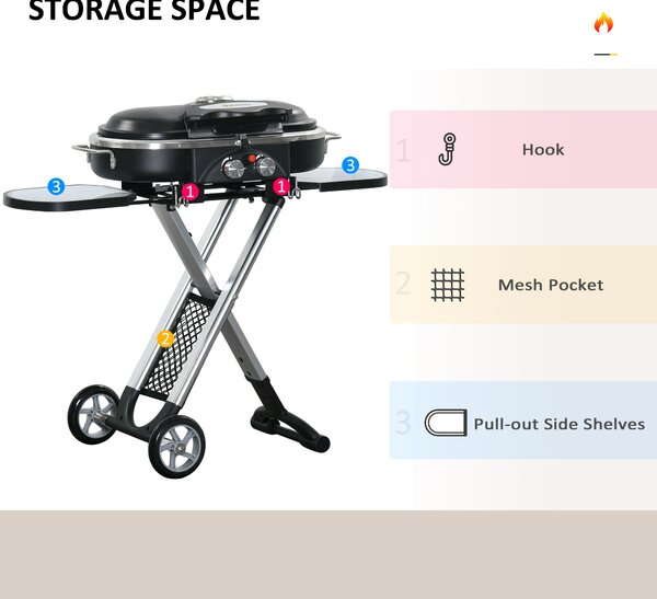 Outsunny Foldable Gas BBQ Grill 2 Burner Garden Barbecue Trolley w/ Lid Side Shelves Pocket Piezo Ignition Thermometer, Aluminium Alloy Aosom UK