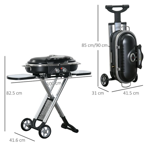 Outsunny Foldable Gas BBQ Grill 2 Burner Garden Barbecue Trolley w/ Lid Side Shelves Pocket Piezo Ignition Thermometer, Aluminium Alloy Aosom UK