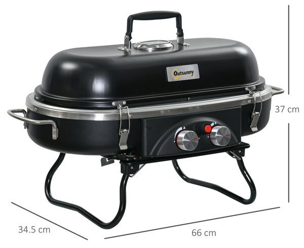Outsunny Foldable Gas BBQ Grill 2 Burner Table Top Barbecue w/ Lid Piezo Ignition Thermometer for Camping Picnic Cooking, Aluminium Alloy