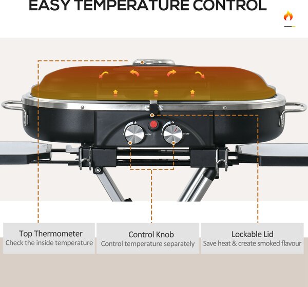 Outsunny Foldable Gas BBQ Grill 2 Burner Garden Barbecue Trolley w/ Lid Side Shelves Pocket Piezo Ignition Thermometer, Aluminium Alloy Aosom UK