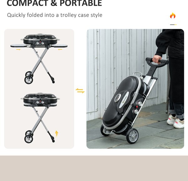 Outsunny Foldable Gas BBQ Grill 2 Burner Garden Barbecue Trolley w/ Lid Side Shelves Pocket Piezo Ignition Thermometer, Aluminium Alloy Aosom UK
