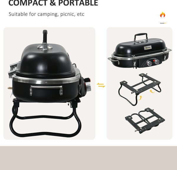 Outsunny Foldable Gas BBQ Grill 2 Burner Table Top Barbecue w/ Lid Piezo Ignition Thermometer for Camping Picnic Cooking, Aluminium Alloy