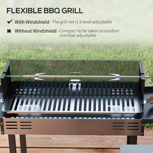 Outsunny BBQ Rotisserie Grill Roaster Charcoal Spit Roasting Machine for Chicken Turkey with 3-Level Grill Grate, Side Shelves Aosom UK