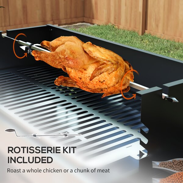 Outsunny BBQ Rotisserie Grill Roaster Charcoal Spit Roasting Machine for Chicken Turkey with 3-Level Grill Grate, Side Shelves Aosom UK