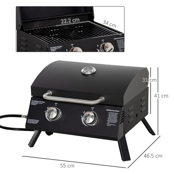 Outsunny 2 Burner Gas Barbecue Grill Garden Portable Tabletop BBQ w/ Folding Legs, Lid, Thermometer, Carbon Steel Body, Black