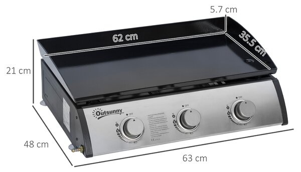 Outsunny Gas Plancha Grill with 3 Stainless Steel Burner, 9kW, Portable Tabletop Gas BBQ w/Non-Stick Griddle for Camping Picnic Garden Party Festival