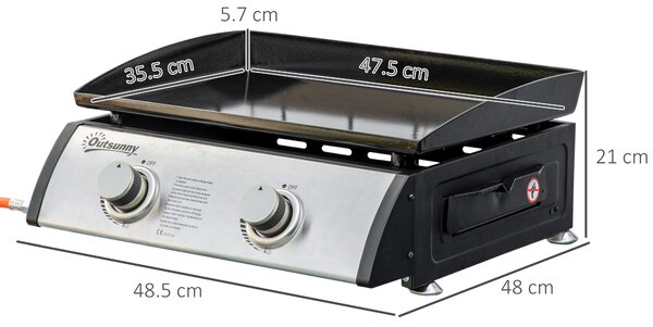 Outsunny Gas Plancha Barbecue Grill 6kW Portable Tabletop Gas BBQ w/ 2 Burners, Non-stick Hotplate, Drain Hole and Grease Collection Box