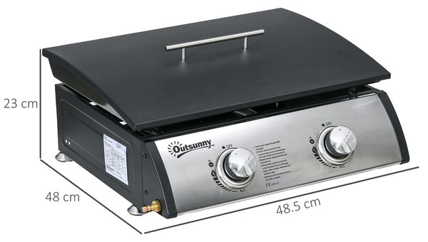 Outsunny Portable Tabletop Gas Plancha Grill w/ 2 Stainless Steel Burner, 10kW, Non-Stick Griddle for BBQ Camping Picnic Party