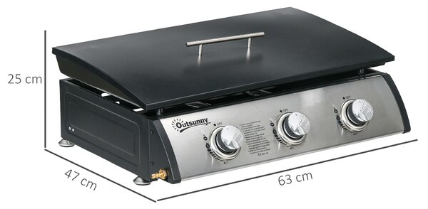 Outsunny 3 Burner Gas Plancha BBQ Grill with Lid, Black